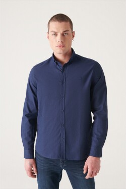 Avva Men's Navy Blue Oxford 100% Cotton Buttoned Collar Regular Fit Shirt