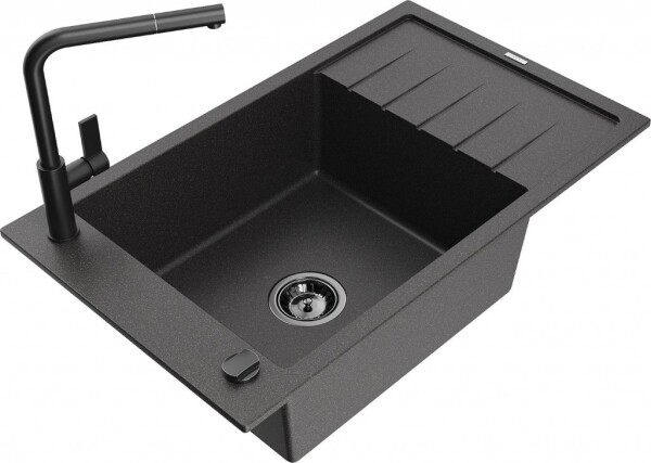 MEXEN/S - Elias granitový dřez 1-miska s odkapávačem včetně baterie Flora, černá kropenatá 6511-76-670401-70-B