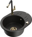 MEXEN/S - Kevin granitový dřez 1-miska s odkapávačem včetně baterie Flora, černá/zlatá metalik 6517-75-670401-57-G