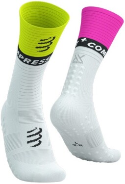 Kompresní běžecké ponožky Compressport Mid Compression Socks V2.0 White/Safe Yellow/Neo Pink Velikost: EU