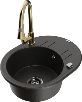 MEXEN/S - Kevin granitový dřez 1 s odkapávačem včetně baterie Elia, černá/zlatá metalik 6517-75-670101-50-B