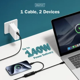 Digitus USB-C 2v1 / Nabíjecí kabel / 140 W / 1,8 m (AK-300170-018-S)