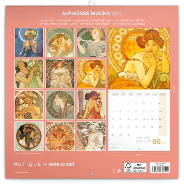Nástěnný kalendář poznámkový 2027 Notique Alfons Mucha, 30 x 30 cm