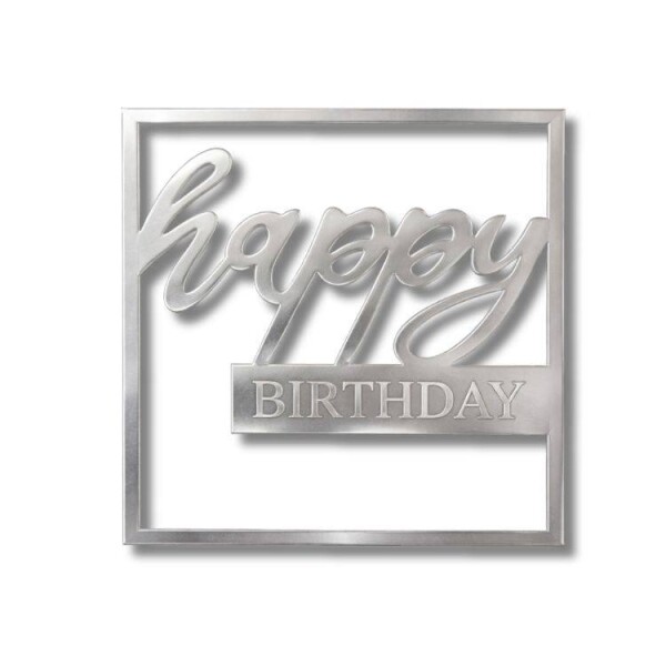 Dortisimo Plastová dekorace na dort Happy Birthday ve čtverci stříbrná (bez zápichu)