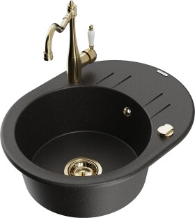 MEXEN/S - Kevin granitový dřez 1-miska s odkapávačem včetně baterie Carla, černá/zlatá metalik 6517-75-670700-50