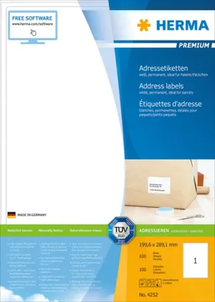 HERMA PREMIUM adresové štítky A4 / 199.6 x 289.1 mm / 100 listů (4008705042529)
