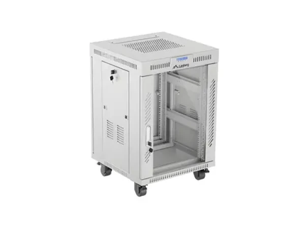 Lanberg Rack 15U/600x600 šedá / Stojanový rozvaděč / 19" / Flat pack / Skleněné dveře / LCD panel / Nosnost 1200 kg (FF01-6615-12SL)