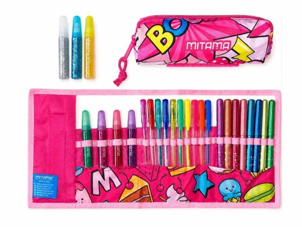 Mitama Mitama, 62908-90156, rolovací pouzdro s glitter psacími pomůckami, růžová, 26 ks