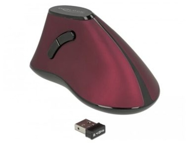 Delock ergonomická vertikální myš červená / Optický senzor / bezdrátová / 1000 DPI / 4 tlačítka / 1xAA (12528-DE)