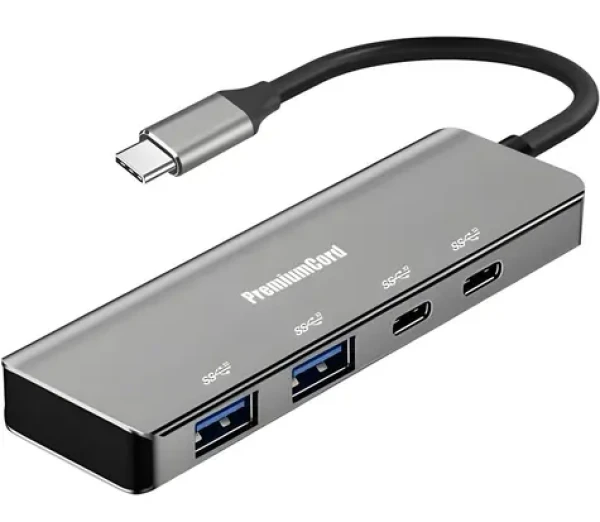 PremiumCord USB-C hub 4-Port hliníkový space grey / USB hub / 2x USB-C / 2x USB-A / USB 3.2 Gen 1 5 Gbps (ku31hub11)