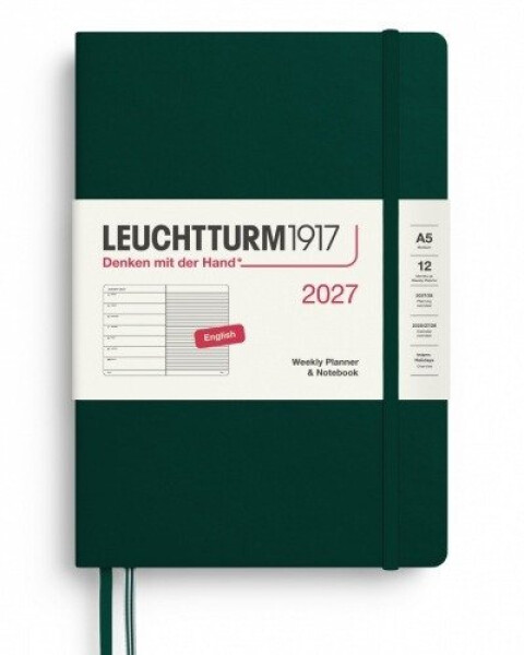 Týdenní plánovač Zápisník Forest Green, Medium A5 2027, anglicky
