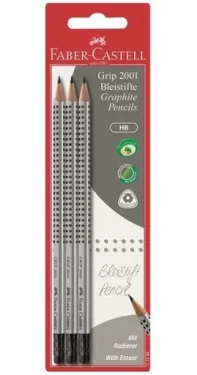 Faber-Castell Grip 2001 stříbrná / Grafitová tužka / HB / trojhranná / s gumou / 3 ks (117298)