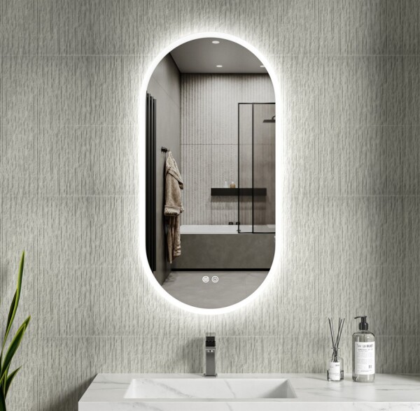 Erga Demi, oválné LED zrcadlo 50x100cm, 3 barvy světla, přední osvětlení, topná podložka proti zapaření, ERG-V01-DEMI-5010-CL