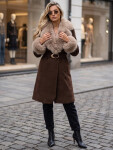 Dámský kabát s odnímatelným kožešinovým límcem, hnědý, FashionStreet TY6073 XL