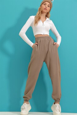 Trend Alaçatı Stili Women's Coffee With Milk High Waist Jogging Sweatpants with Double Pockets, Rayons