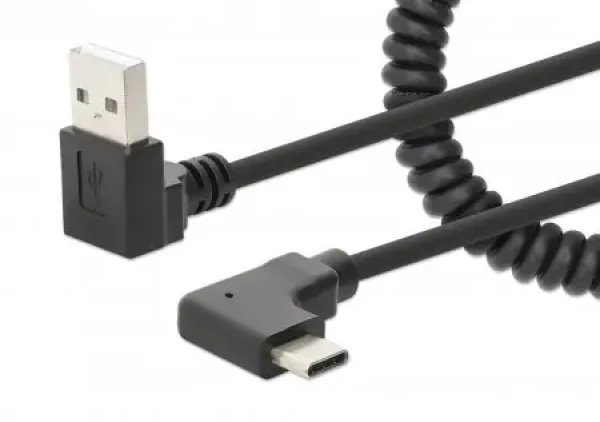 Manhattan Spirálový nabíjecí kabel USB-A na USB-C černá / Kabel / 1 m / zalomené konektory 90° / max. 3 A (356220)