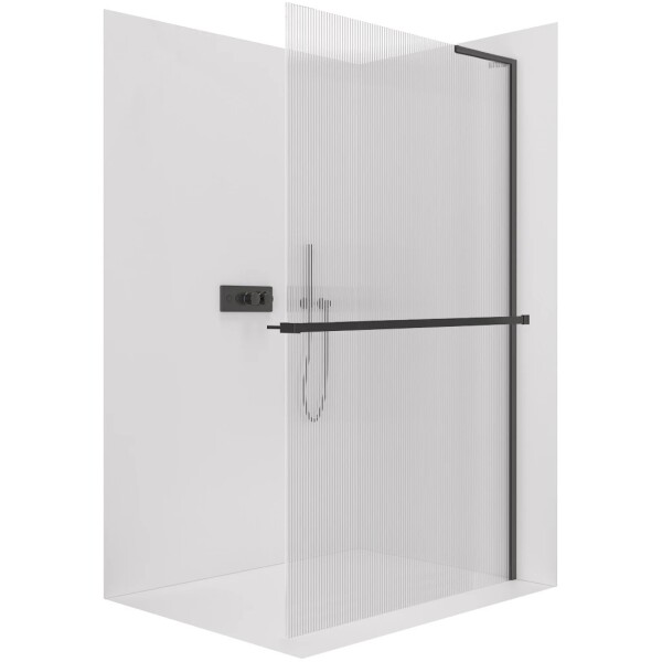 CERANO Sprchová zástěna Walk-in Onyx L-pravá vzpěra - 8 mm + polička/držák na ručníky - černá matná, rýhované sklo - 50x200 cm