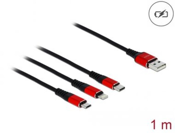 DeLock Napájecí kabel USB 2.0 A (M) - USB Micro-B (M) USB-C (M) Lightning (M) 1m červená (85892)