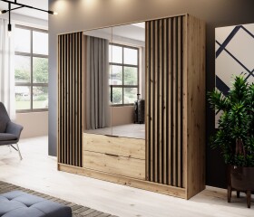 FRONTI Šatní skříň NELLY 4D zrcadlo dub artisan + černá 13183