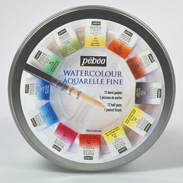 Pébéo Studio Aquarelle 12 - Akvarelové barvy v kulaté etui 12 1/2 pánviček + štětec