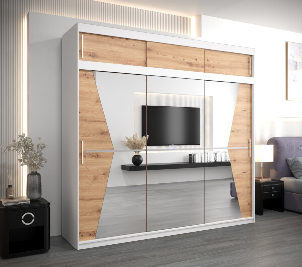 Šatní skříň Abi Ma s nástavcem Barva korpusu: Bílá, Rozměry: 250 cm, Dveře: Dub artisan