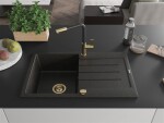MEXEN/S - Bruno granitový dřez 1 s odkapávačem včetně baterie Flora, černá/zlatá metalik 6513-75-670401-57-G