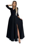 AMBER elegantní krajkové dlouhé šaty výstřihem rozparkem na nohavicích černé