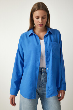 Happiness İstanbul Women's Blue Oversize Linen Ayrobin Shirt