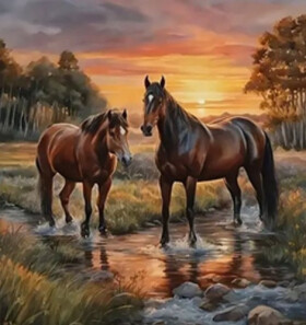 Diamantové malování Koně v řece