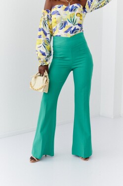 Elegantní zelené dámské kalhoty rozšířenými nohavicemi