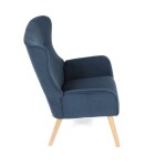 Křeslo, potah modrá manšestrová látka, dřevěné nohy, masiv kaučukovník