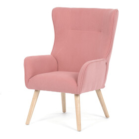 Křeslo, potah růžová manšestrová látka, dřevěné nohy, masiv kaučukovník