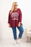 Dámská blůza Plus Size bavlněná s potiskem stromu bordó UNI