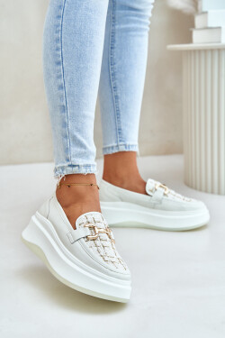 Kožené dámské mokasíny na platformě se zlatou ozdobou 89105 Vinceza světlobéžové 36