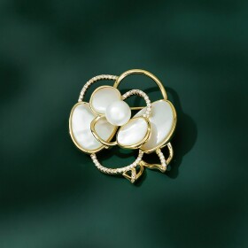 Perleťová brož s pravou říční perlou a čirými zirkony - květina, Zlatá