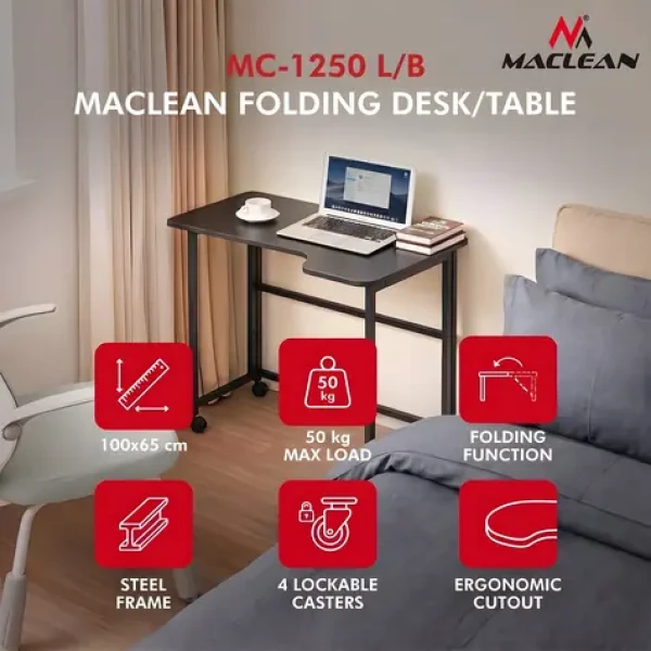 Maclean MC-1250 L/B černá / Skládací stůl / mobilní / 100x65 cm / rohový, L-tvar / nosnost 50 kg (MC-1250 L/B)