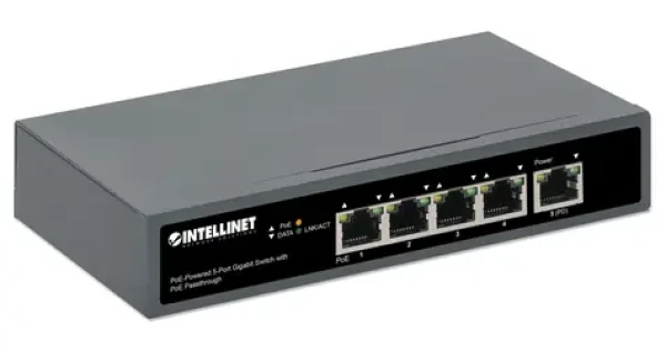 Intellinet Switch 5-port Gigabit High PoE / 4x PoE 802.3bt / 65W / PD uplink / montáž na zeď (561808)