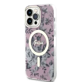 Pouzdro Guess PC/TPU Flowers IML MagSafe iPhone 14 Pro Max růžové