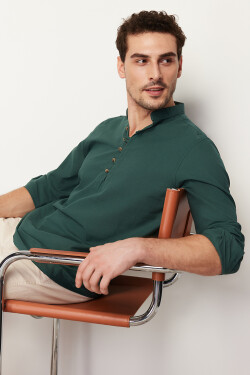Trendyol tmavě zelená slim fit košile polovičním kostkovaným vzorem, velkým límcem, 100% bavlna