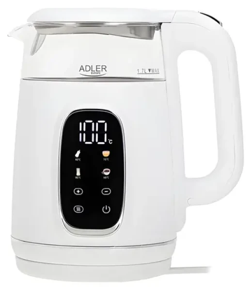 Adler AD 1305 bílo-stříbrná / Rychlovarná konvice / 2200 W / 1,7 L / regulace teploty 40–100 °C / udržení teploty (AD 1305ws)
