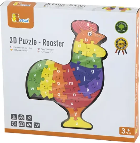 3D dřevěná skládačka Kohout s abecedou
