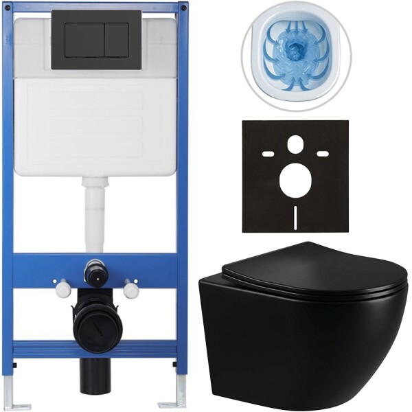 CERANO - Kompletní WC set Profi/Cesso - černá lesklá - WC tlačítko Classic/Černá matná - předstěnová instalace - 49x36 CER-8050BD36