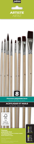 Pébéo sada 8 ks dlouhých kulatých a plochých štětců Brown Polyamide