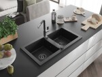 MEXEN/S - Mario granitový dřez 2-bowl včetně baterie Flora, černá/stříbrná metalik 6504-73-670401-07-B