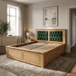 Dubová postel Portos 160x200 cm (dělené čalounění) s úložným prostorem a roštem Barva čalounění: tmavě modrá