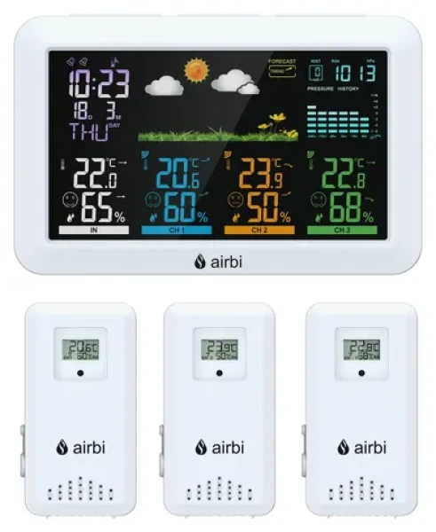 Airbi HOME / Meteostanice / 3 bezdrátová čidla / barevný displej / DCF čas