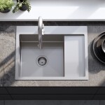REA - Ocelový dřez Fin BRUSH NICKEL s kuchyňskou baterií KPL-96012