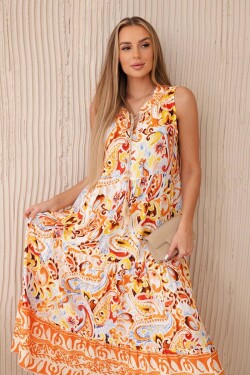 Viskózové šaty s květinovým motivem a zavazovaným výstřihem oranžové barvy