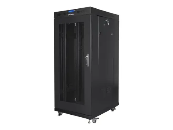 Lanberg Rack 27U černá / Stojanový rozvaděč / 19" / 600x800 mm / Flat pack / Perforované dveře / LCD (FF01-6827-23BL)