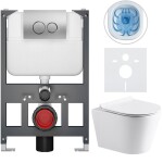CERANO Podomítkový WC set Carlito - bílá lesklá - tlačítko Basic/Duoalo, stříbrné - závěsné - nízký modul - předstěnová instalace/sádrokarton - 48,5x36,5 cm
